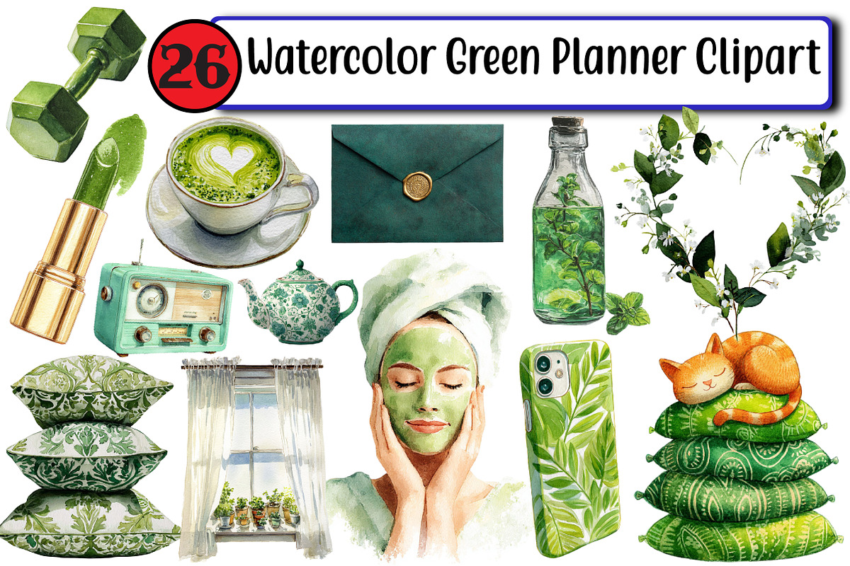 Watercolor Green Planner Clipart, an Illustration by Design Market (Photo 1 of 3)