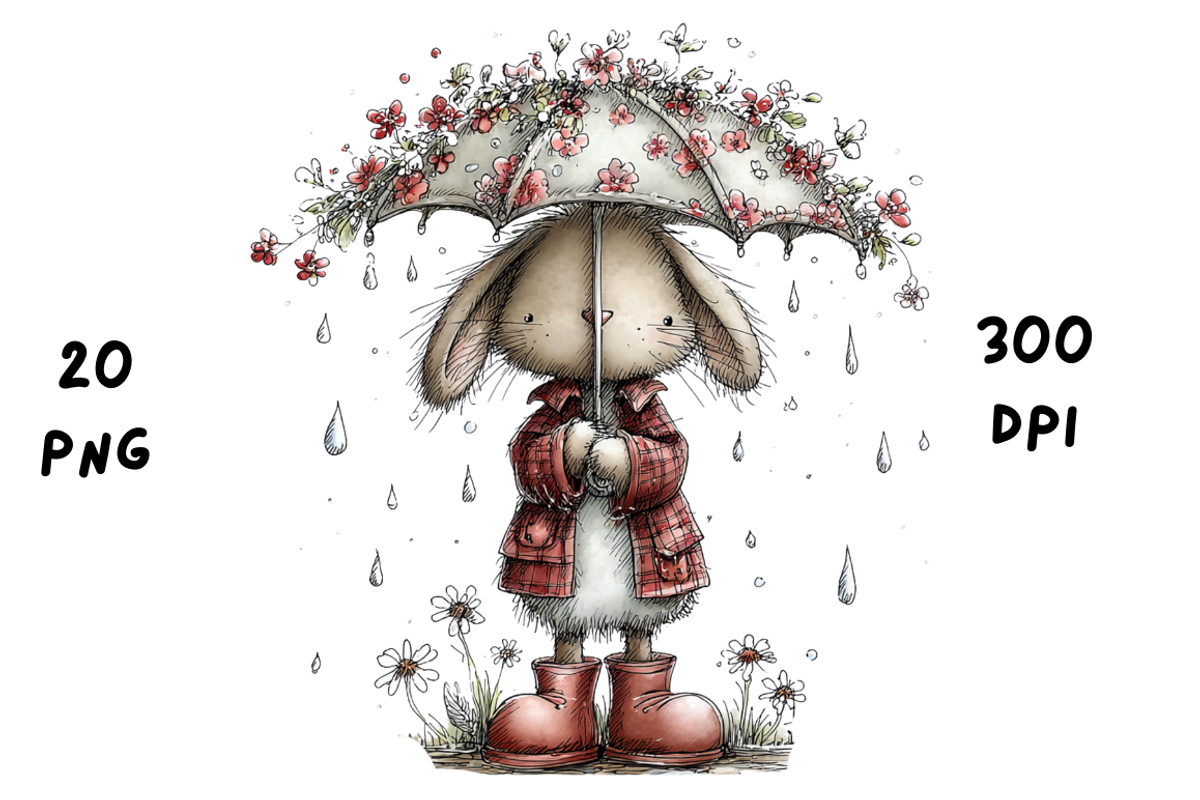Whimsical Rainy Bunny Clipart, an Animal Illustration by GiraffeCreative (Photo 13 of 19)