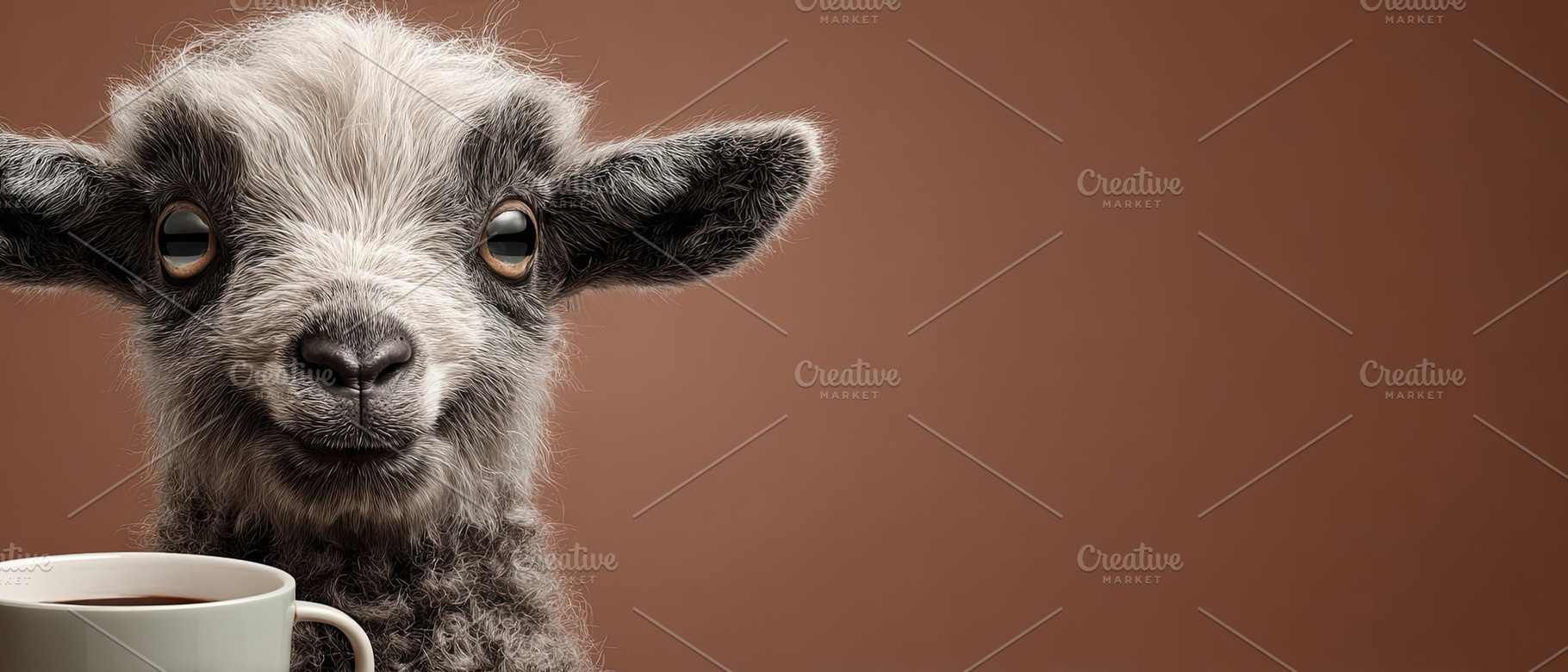 Adorable young goat with expressive eyes next to a white cup aga, an Abstract Photo by Ales Munt