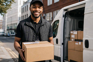 Courier carrying a cardboard box, a Person Photo by Pray Art Design Studio