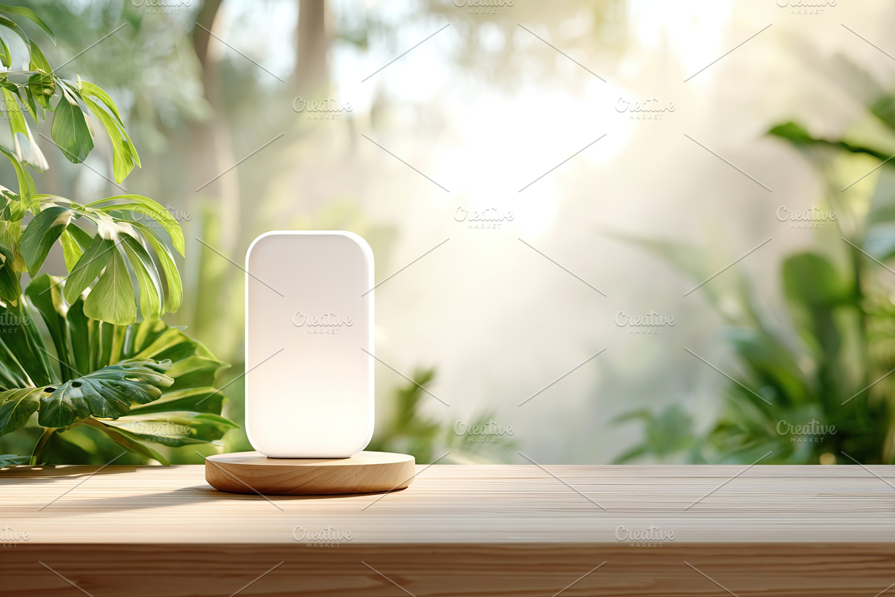 Softly glowing display screen mockup surrounded by lush greenery in a serene ou, a Photo by AlyaAnd