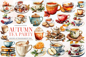 Watercolor Autumn Tea Party Clipart, an Illustration by Designworld