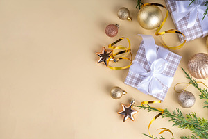 Golden baubles Christmas, New Year background, a Holiday Photo by Rimma