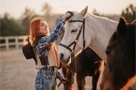 Woman farmer works with horses stock photo containing woman and ranch, a Person Photo by Maksym Zaitsev