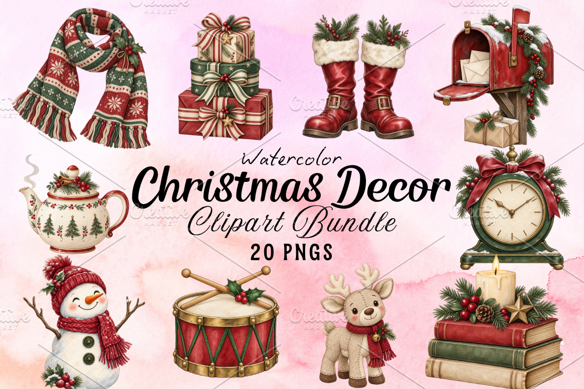Watercolor Christmas Decor Clipart 1, a Seasonal Illustration by Ink Gallery (Photo 1 of 8)