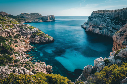 A calm bay features stunning blue wa, a Photo by Tanuart