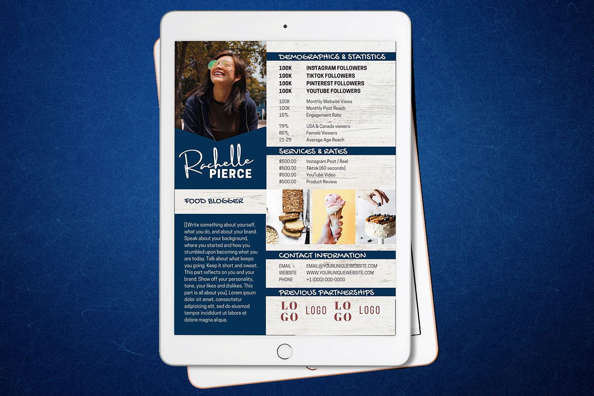One Page Media Kit in Navy Blue [A], a Templates & Theme by ProductiveandFree (Photo 2 of 11)