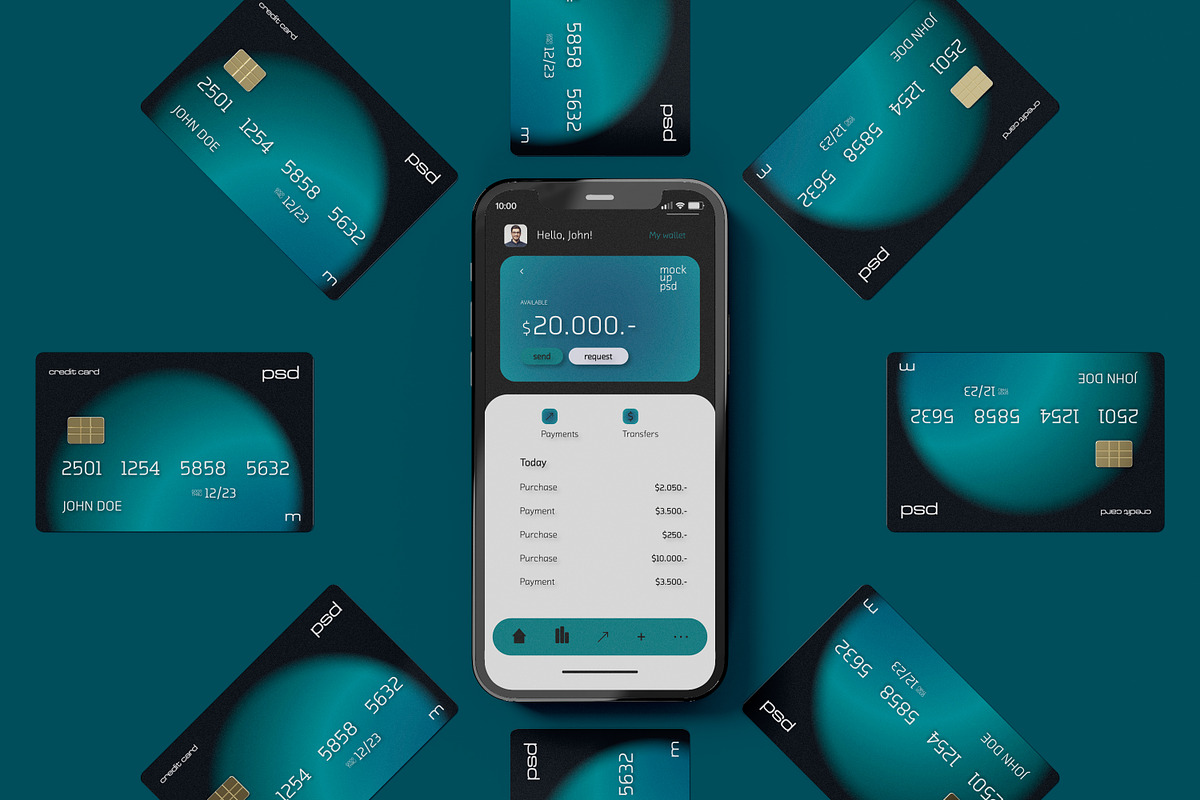 Smartphone with Credit Cards Mockup, a Card Template by Mego-studio