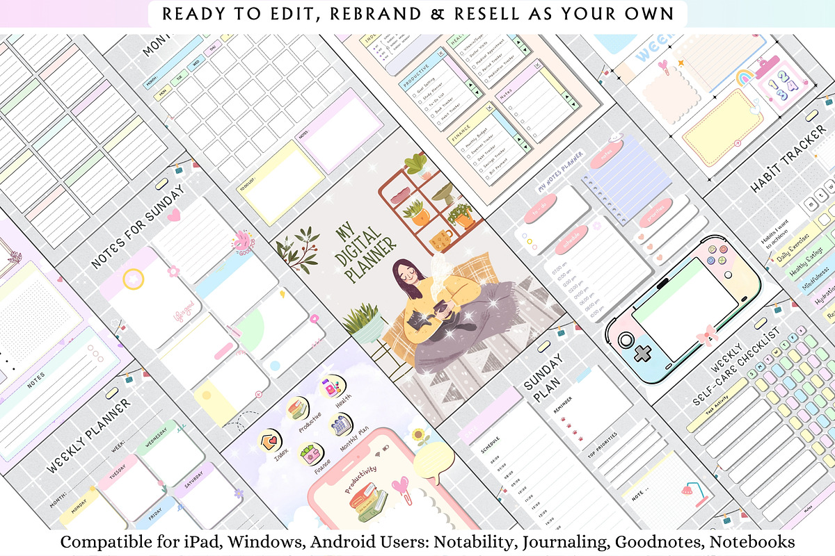 PLR Undated Digital Planner, a Stationery Template by Tas Creative Studio