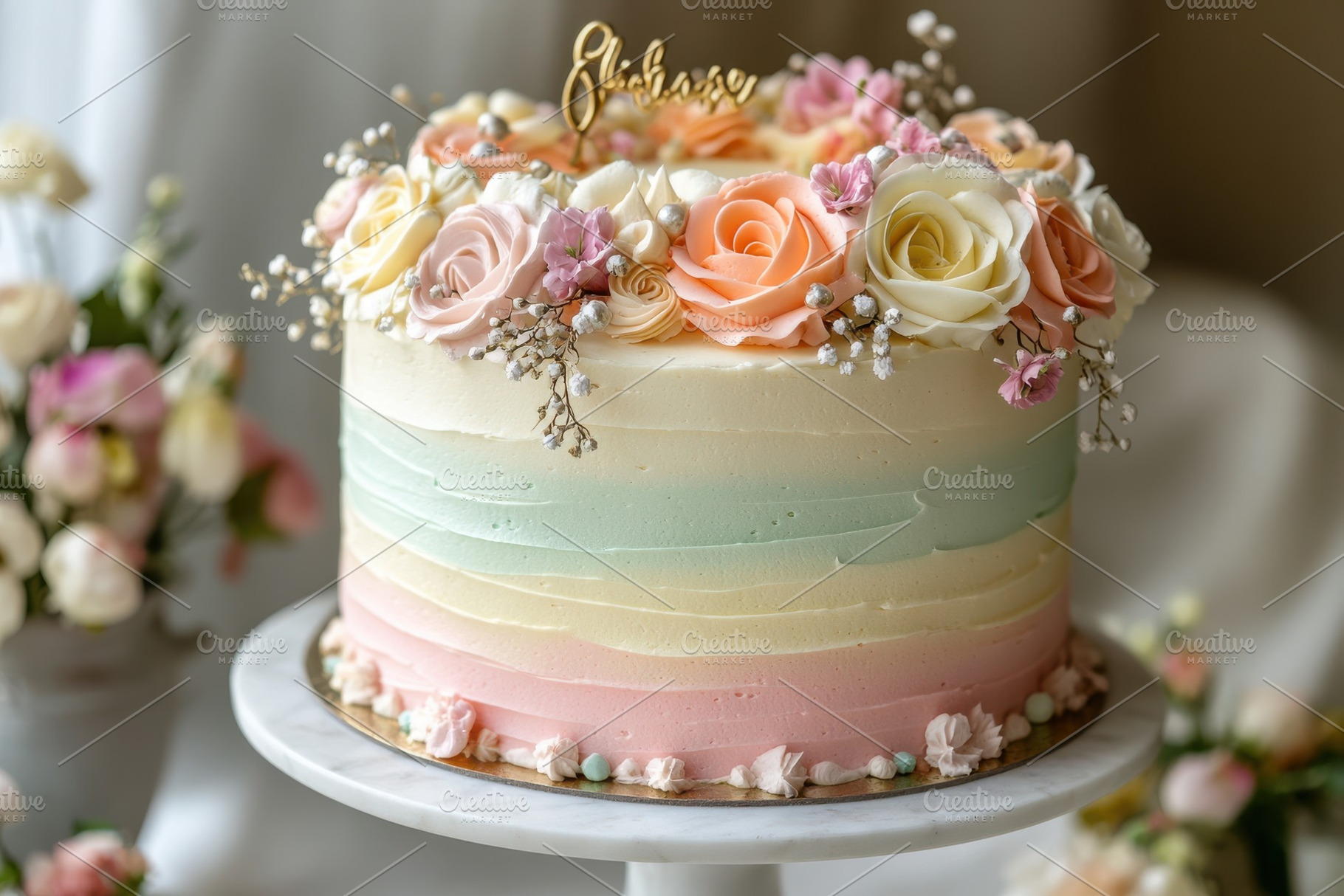 Elegant floral ombre cake pastel ros, a Food & Drink Photo by Pixeness Studio