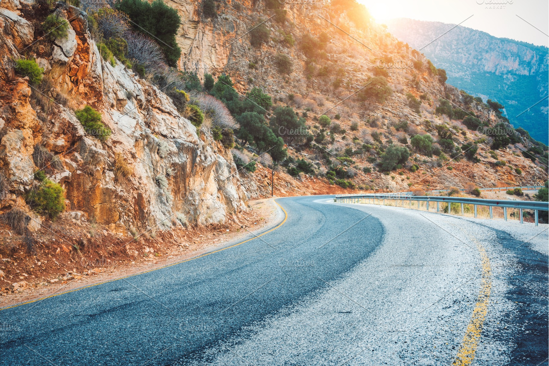 Mountain road at sunset in Europe. Landscape, a Transportation Photo by den-belitsky