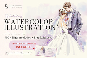 Watercolor Wedding Invite Set, a Marketing Template by Elena Naumchenkova