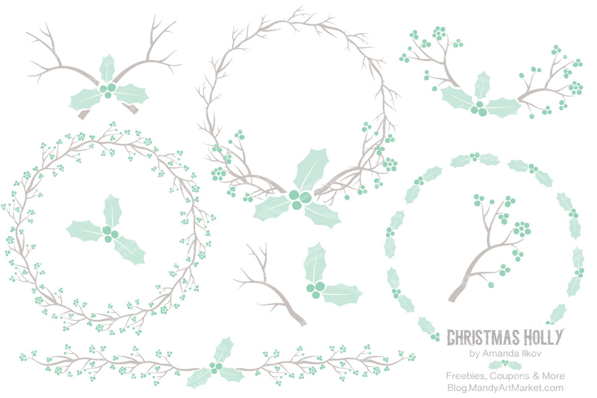 Mint Holly Wreath Clipart & Papers, an Illustration by Amanda Ilkov (Photo 1 of 5)