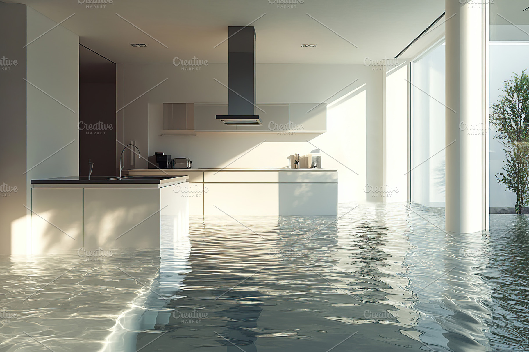 Flooded modern kitchen interior with realistic water effect duri, a Photo by AlyaAnd