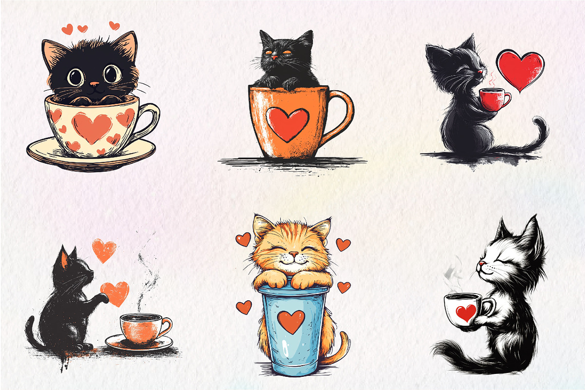 Cat Silhouette Love Coffee Clipart, an Illustration by CreationArt (Photo 2 of 9)