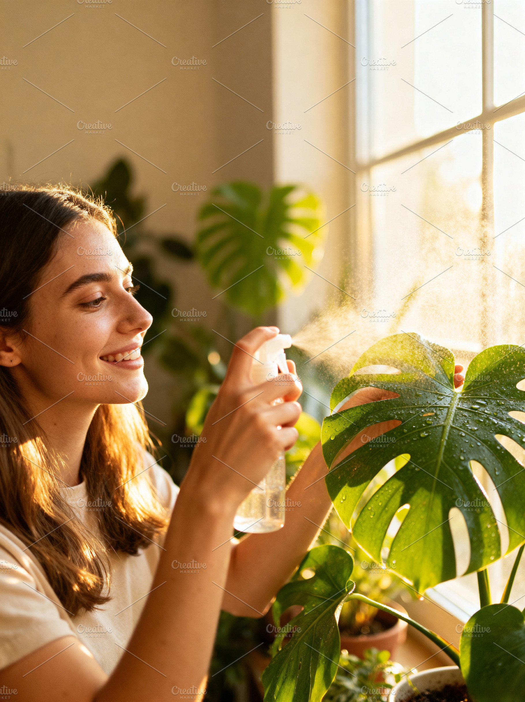 Happy Woman Sprays Monstera, a Person Photo by Virgo Studio