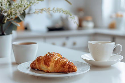 Cup of tea and croissant on white kitchen table, a Food & Drink Photo by AlyaAnd