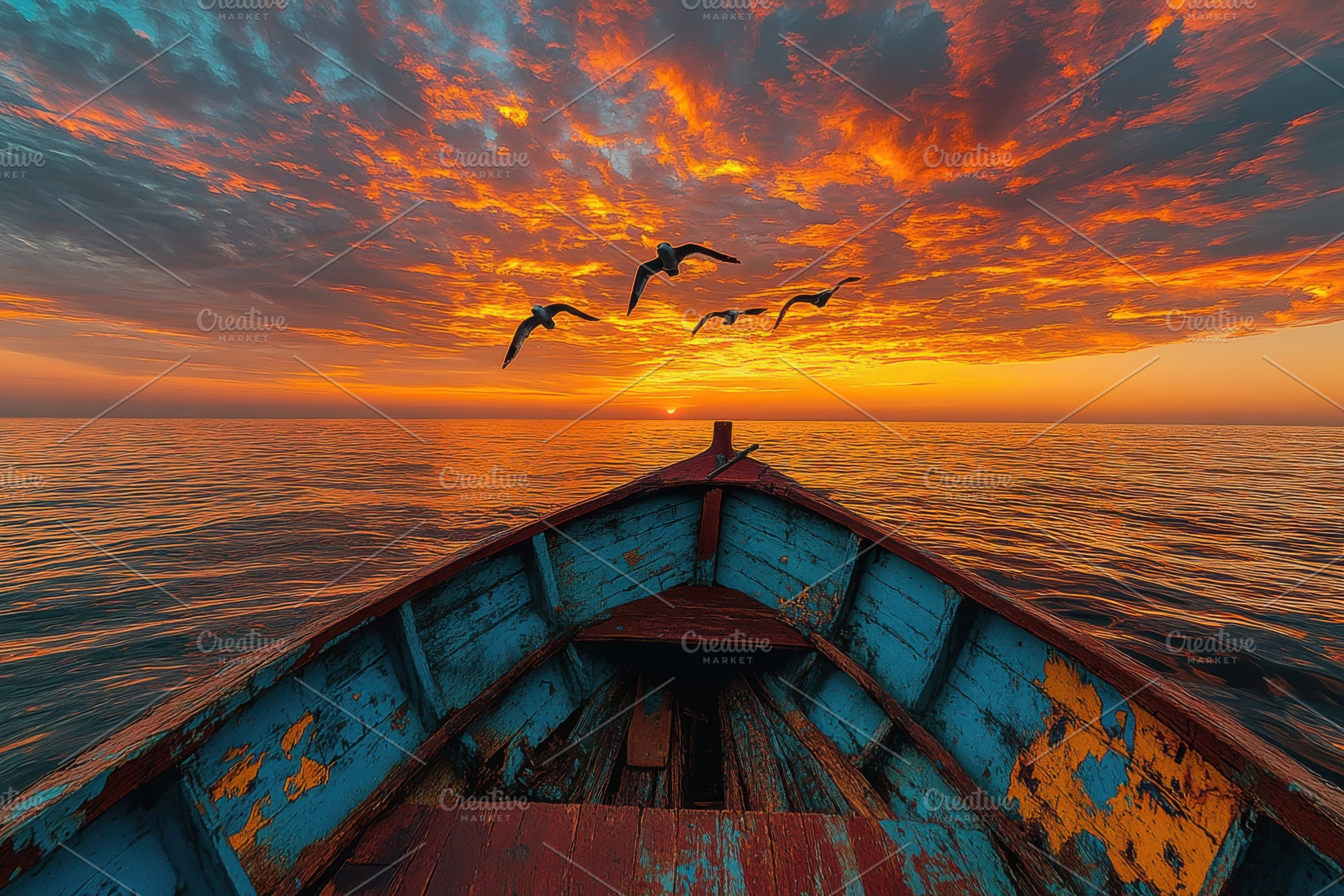 Sunset Seascape Old Boat Birds Flyin, a Photo by Pixeness Studio