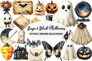 Beige & Black Halloween Clipart, an Illustration by Daily.Designs