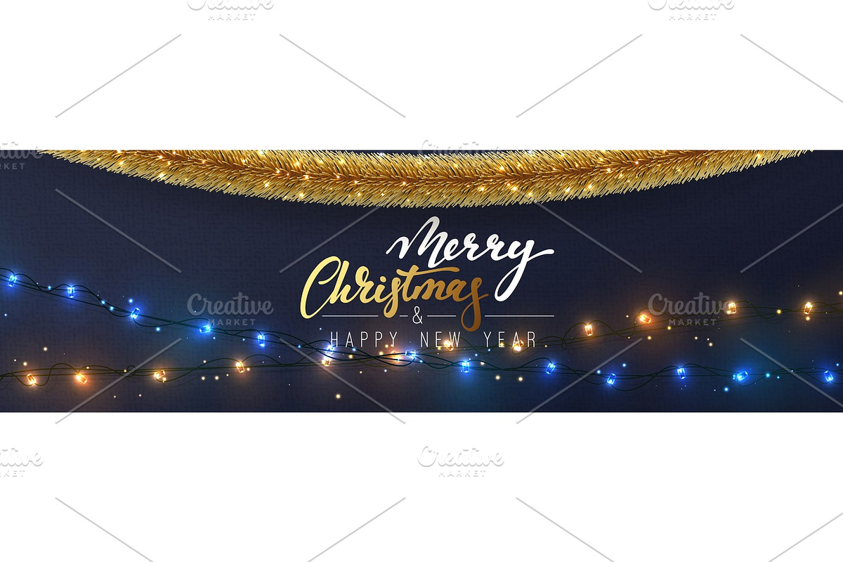 Christmas banner, Xmas sparkling lights garland and golden tinsel., a Templates & Theme by Modern vector