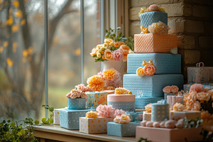 Colorful gift boxes and floral arran, a Photo by Tanuart