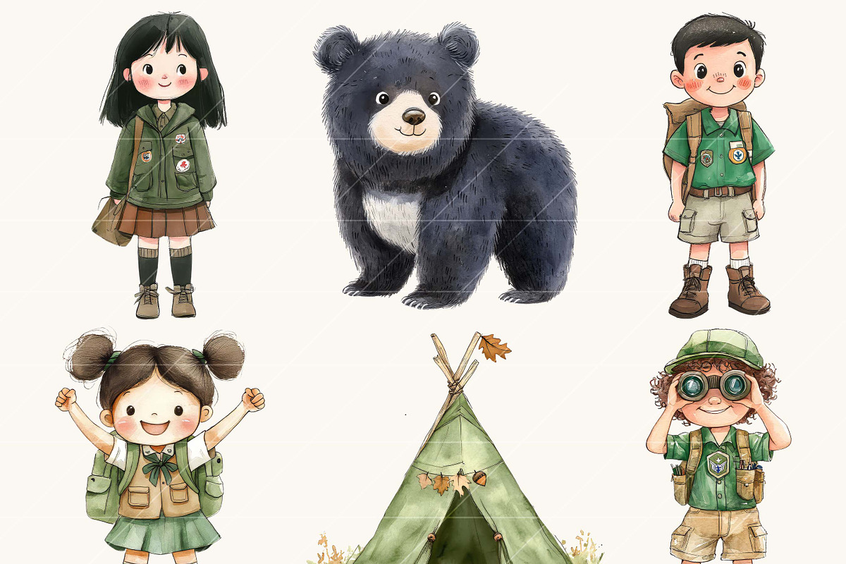 Watercolor Tiny Scouts Clipart, an Object Illustration by SparkyDesignsUS (Photo 2 of 9)