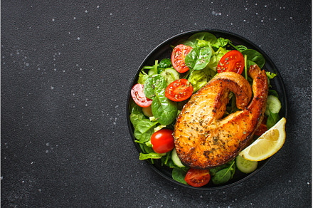 Salmon steak and fresh green salad, a Food & Drink Photo by Nadia-nb