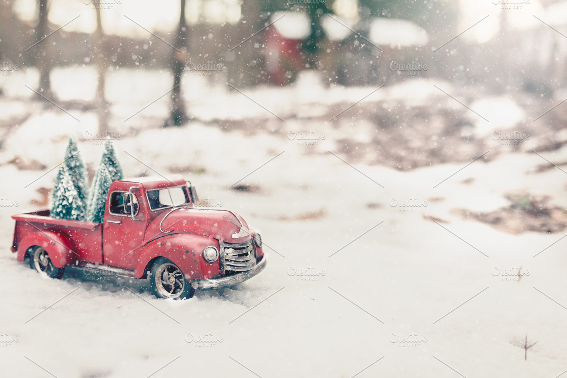 01 vintage red truck christmas tree featuring poster, stationery, and flyer, a Holiday Photo by Nancy Hebert Photography