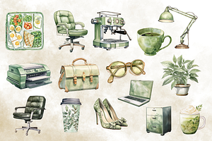 Watercolor Sage Green Office Clipart