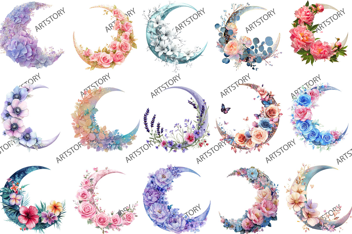 Watercolor Floral Moon Clipart Bundl, an Illustration by designcity5 (Photo 3 of 5)