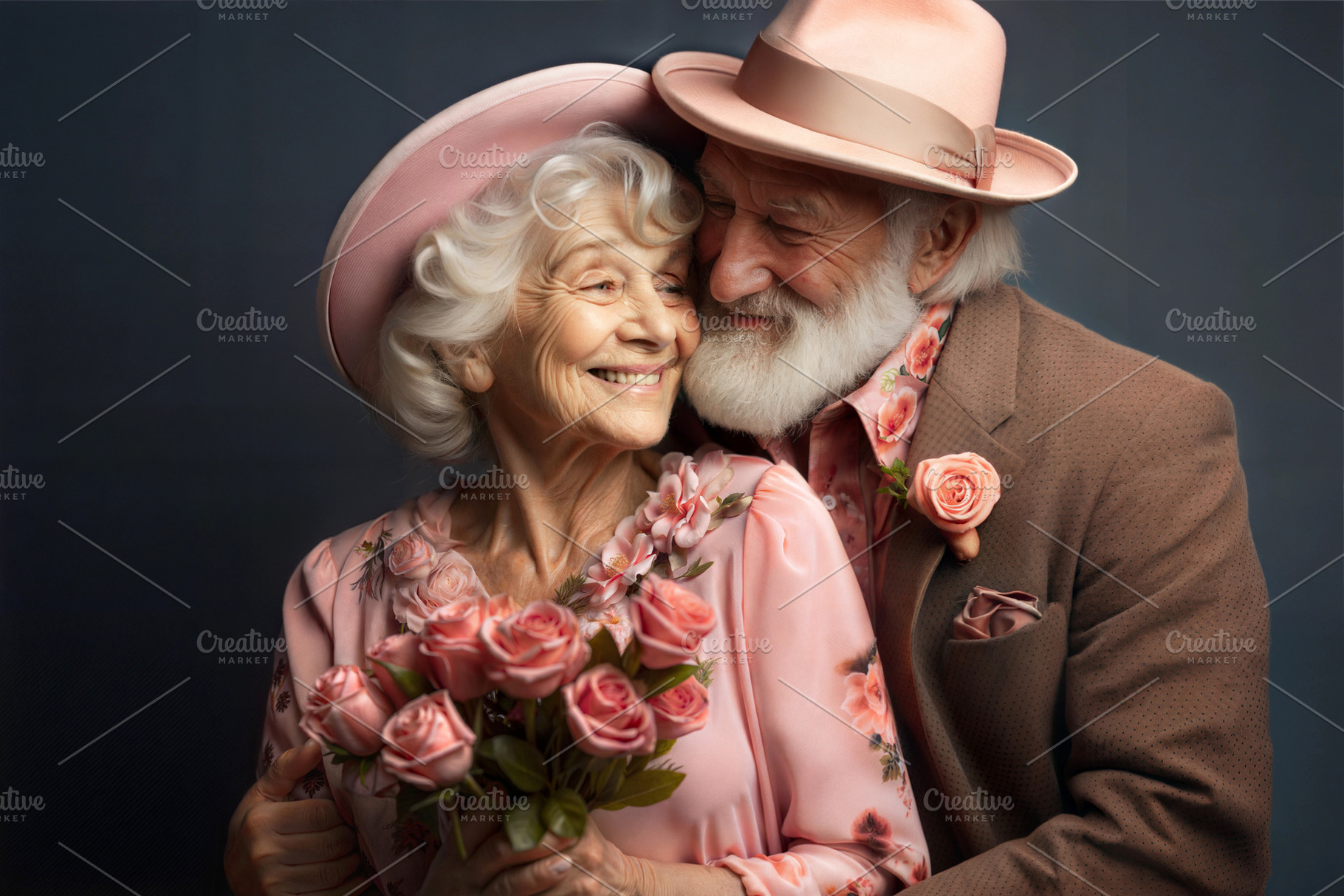 Elderly couple in pink attire sharing a loving moment with roses., a Person Photo by ImageMir