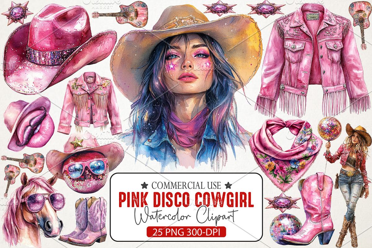 Pink Disco Cowgirl Watercolor Clipar, an Illustration by RobertsArt (Photo 1 of 7)