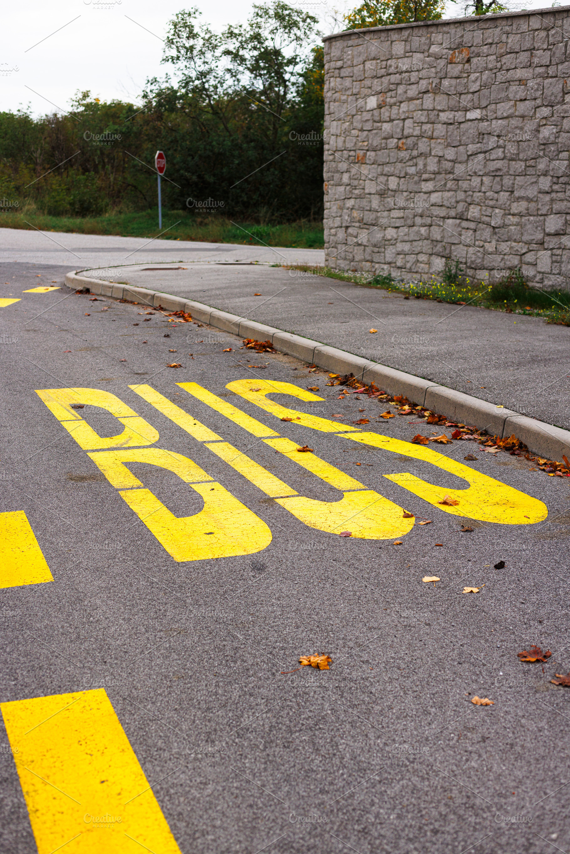 Yellow bus stop road marking symbolizing transport, a Transportation Photo by Bepslabor