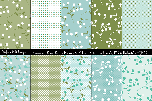 Seamless Blue Retro Florals & Dots preview 7