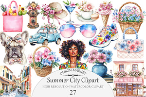 Watercolor Summer City Clipart, an Illustration by Design Market