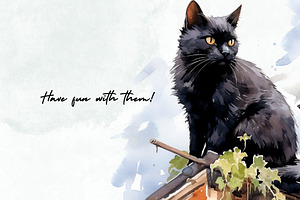 10 Black Cats Watercolor Clipart