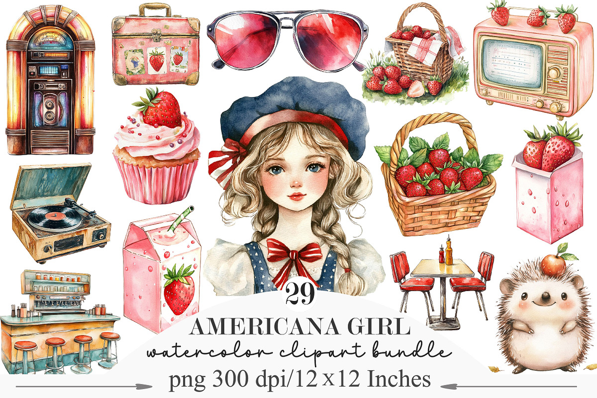Watercolor Americana Girl Clipart, an Illustration by Designking (Photo 1 of 5)