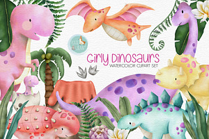 Girly Dinosaurs Watercolor Clipart