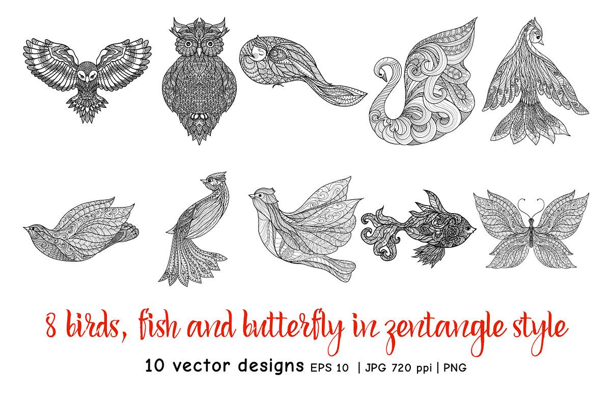 Set of 10 Decorative Patterned birds, a Decorative Illustration by Elen-Lane (Photo 2 of 6)