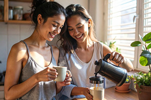 Two women making coffee in a small apartment, a Person Photo by DanFLCreativo