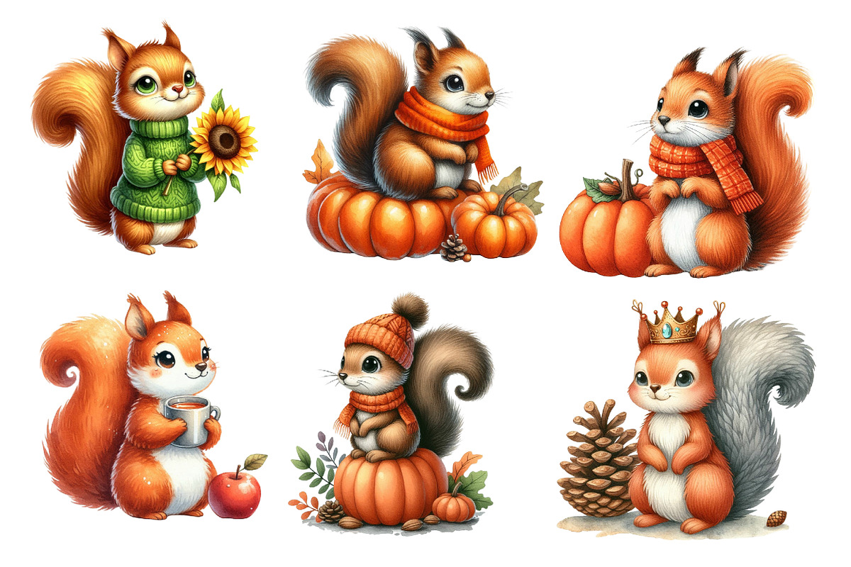 Watercolor Autumn Squirrels Clipart, an Animal Illustration by cherrydesign (Photo 3 of 4)
