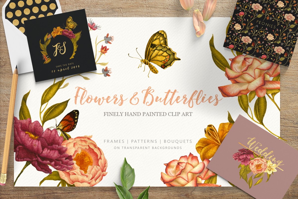 Flowers & Butterflies - Clipart, a Decorative Illustration by Singerie (Photo 1 of 8)