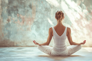 Woman dressed in white sits peaceful, a Sports & Recreation Photo by MistyDay