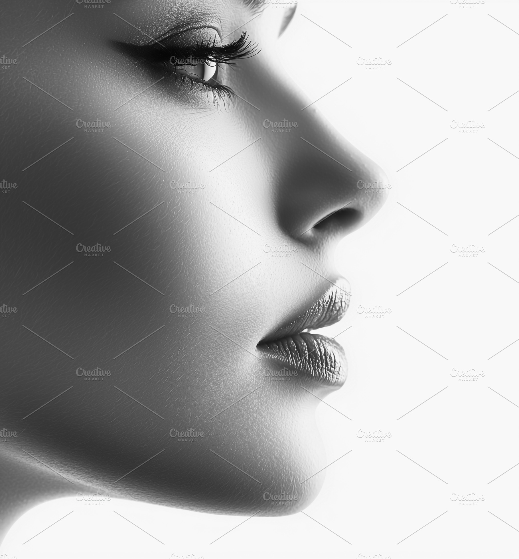 Monochrome profile of a woman with glossy lips and striking faci, a Person Photo by AvalgaCollectiblesan