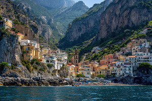 Picturesque coastal village nestled, a Photo by Pavel_design