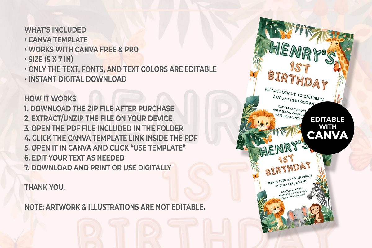 Safari First Birthday Invitation, an Invitation Template by M9 Design (Photo 4 of 4)