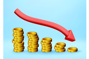 3D Red arrow and coins pointing down, a Finance Illustration by Abscent