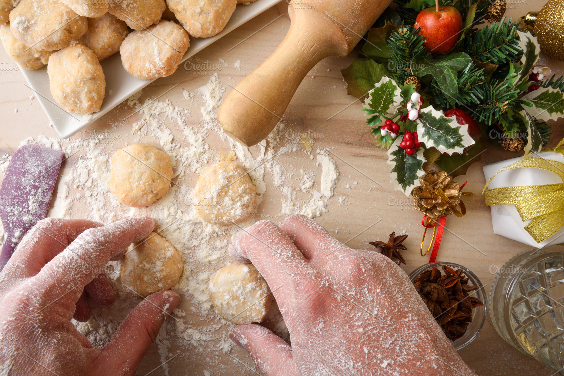 Wooden kitchen bench preparing anise cookies top view, a Food & Drink Photo by Davizro's Market