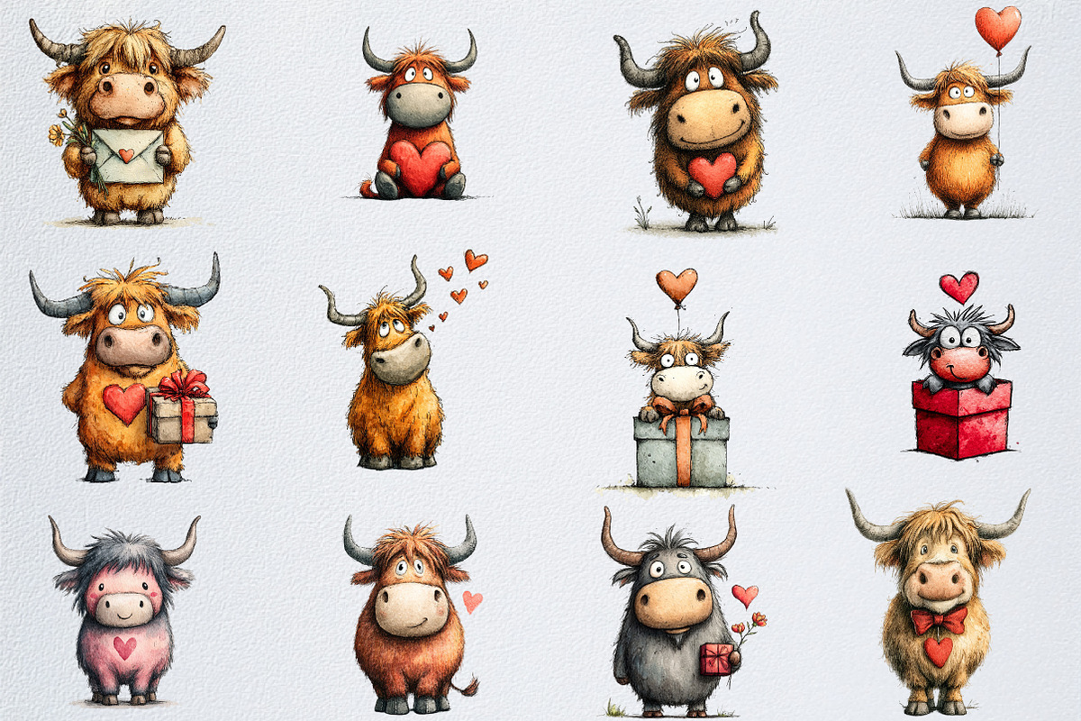 Quirky Valentine Highland Cow Clipar, an Illustration by Watercolor design (Photo 3 of 5)