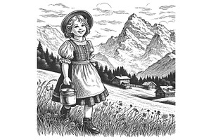 Girl on Alpine Mountain Meadow, a Person Illustration by AlexArt